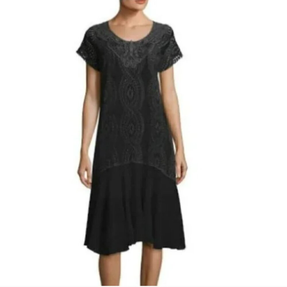 Johnny Was Black Lace Overlay Midi Dress